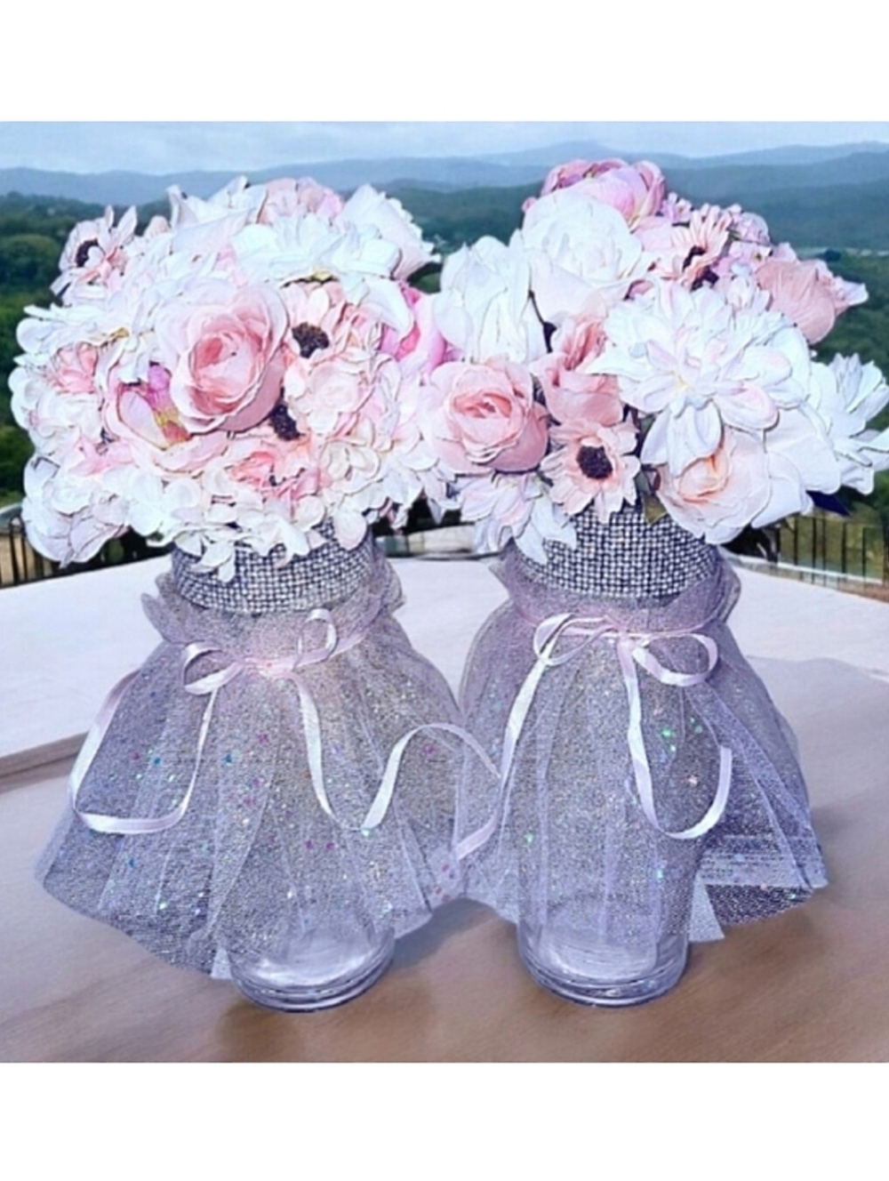 Two Handmade Faux Floral Arrangements Glass Vases Rhinestones Tulle